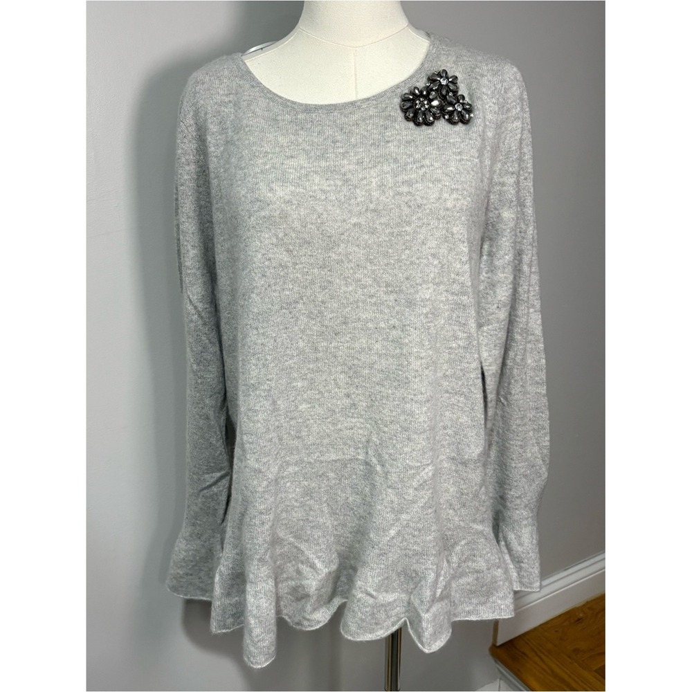 Charter Club 100% Cashmere Sweater Ruffle Hem Embellished Flower Gray Women's XL
